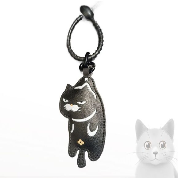 Pleather Hanging Black White Cat Keyring Keychain Key Ring FUN! - Picture 1 of 6